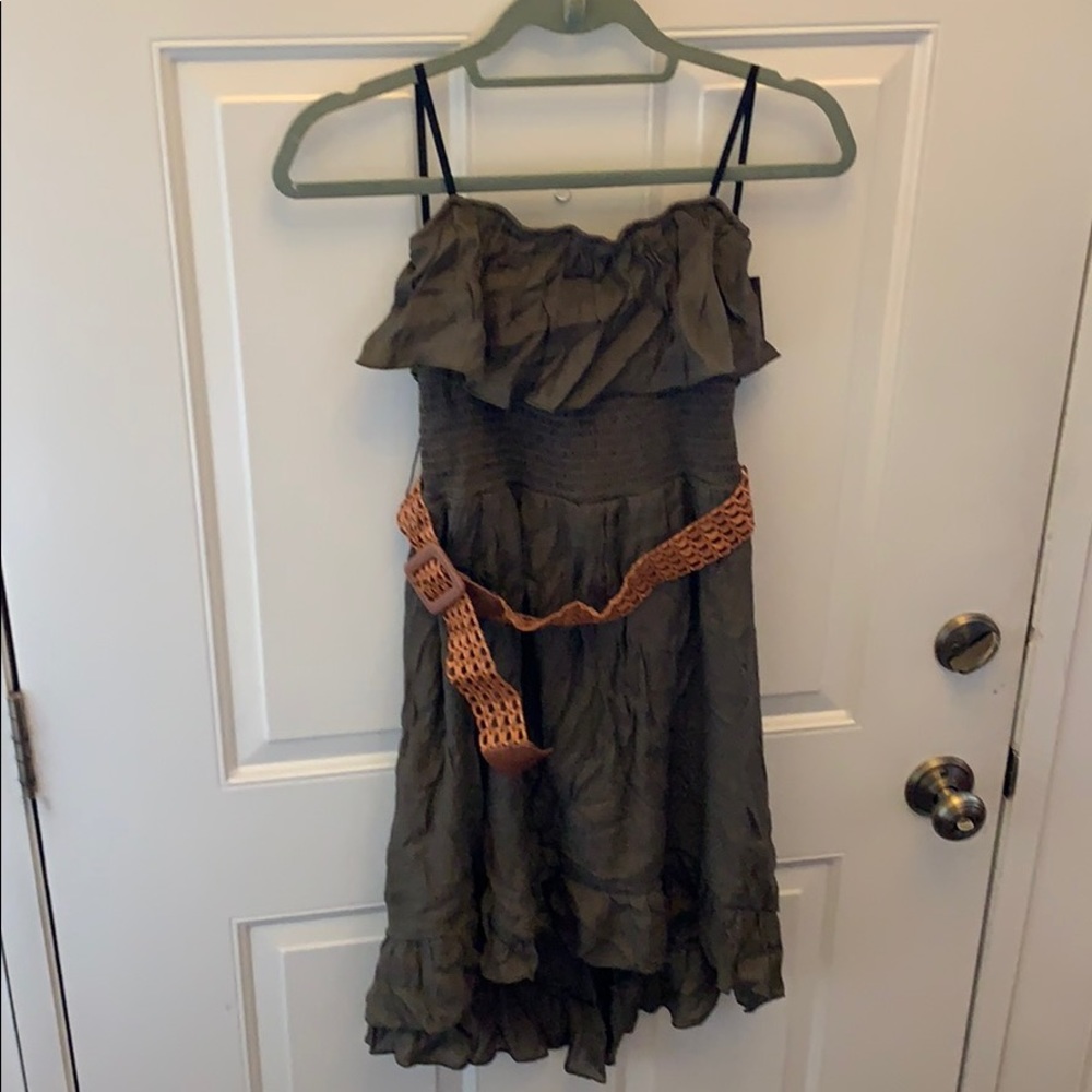 Strapless olive green dress with belt